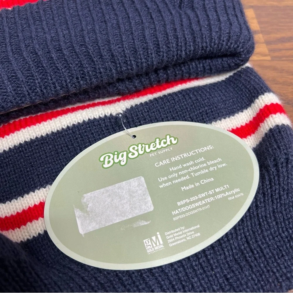 Beanie & matching dog sweater in a navy, red, and white striped pattern, small